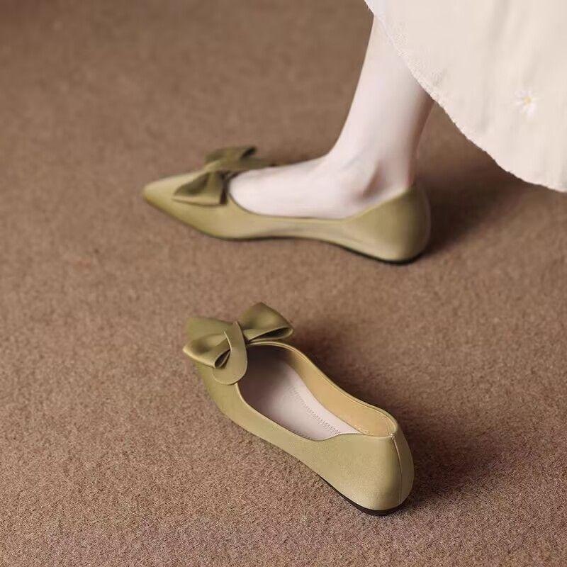 Нежные, неглубокие, красивые, одинарные туфли, женские, 2025, новые, остроносые, на плоской подошве, супермягкие, женские туфли с французским бантом, обувь для беременных