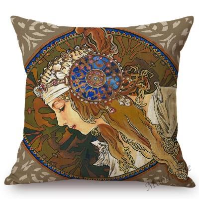 Vintage European Art Nouveau Mucha Gallery Decorative Sofa Pillow Cover Beautiful Beauty Girl Cotton Linen Luxury Cushion Cover
