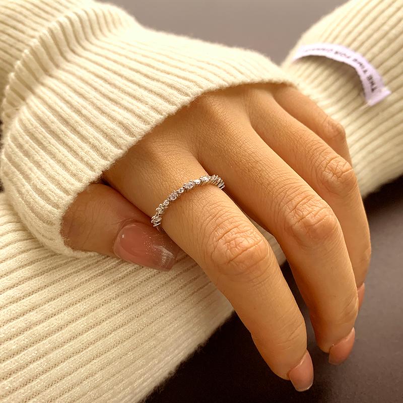 Fashionable, Simple and Versatile Genuine S925 Silver Micro-paved Half Row Diamond Women's Ring Ring Light Luxury