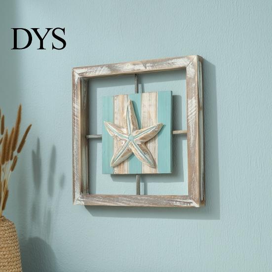 Small Beach House Ornaments 3D Conch/Starfish/Shell Wooden Frame Wall Art, Distressed Coastal Style Decoration, Seaside Theme Decorations Ocean