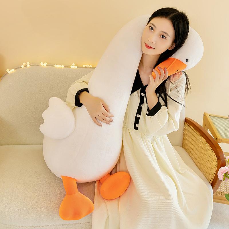 Cute dinosaur long throw pillow girl bed side sleeping cuddle pinch legs big white goose long neck animal plush toy