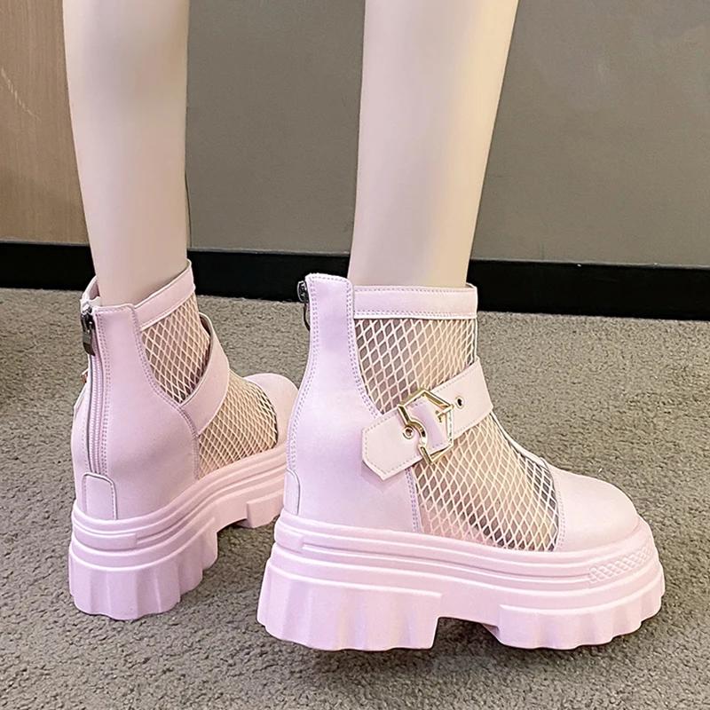 Fashion Mesh Breathable Summer Ankle Boots for Women Hollow Out Thick Bottom Cool Boots Woman Chunky Platform Punk Motorcycle Booties