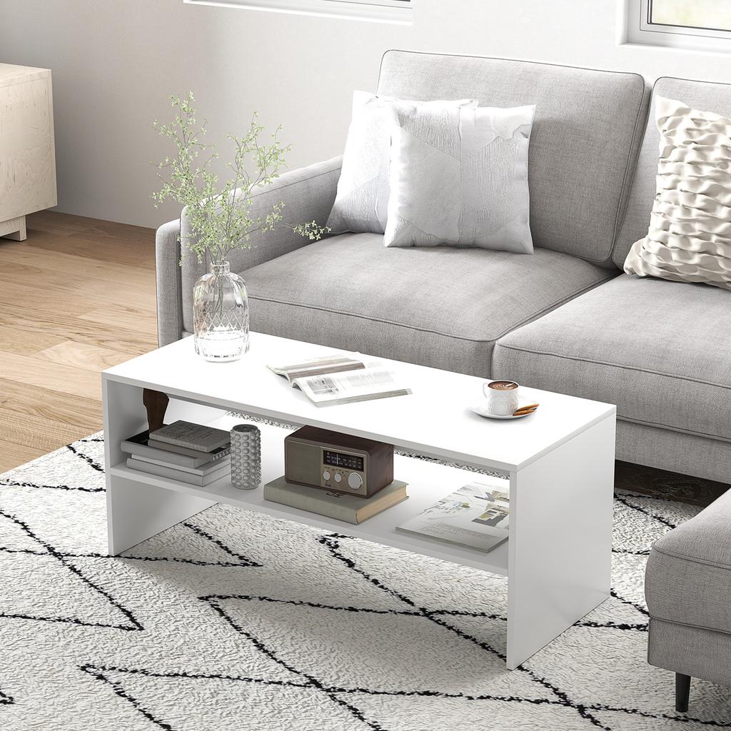 Modern Wooden Coffee Table with 2 Levels and Open Shelf, 100x40x41.5 cm, White