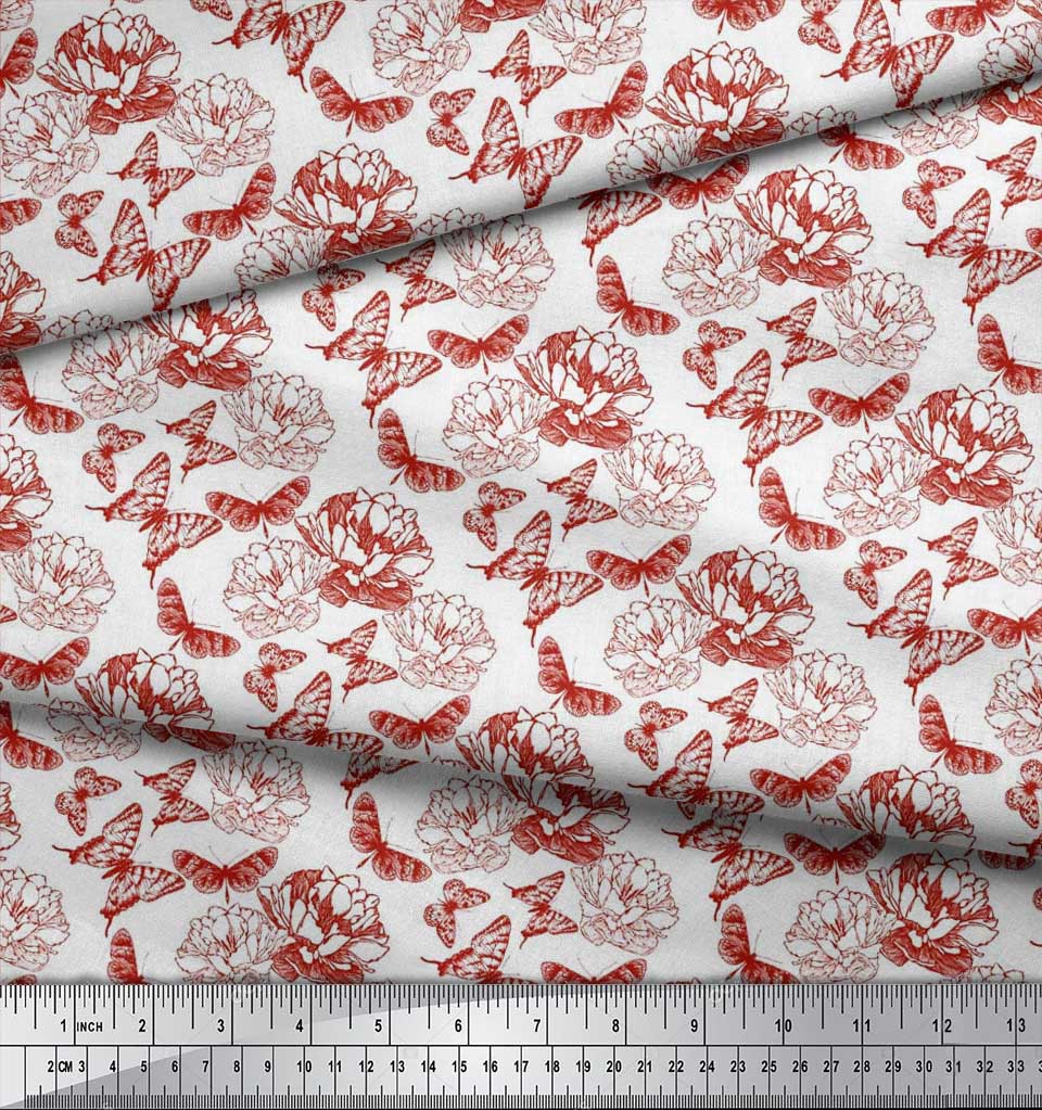 Soimoi Poly Crepe Fabric Butterfly & Peony Floral Printed Craft Fabric by the metre 42 Inch