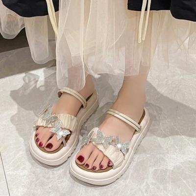 2024 Летние босоножки на толстой подошве с завышенной талией, мягкие подошвы, новые модные нескользящие пляжные сандалии в одну линию 35-40