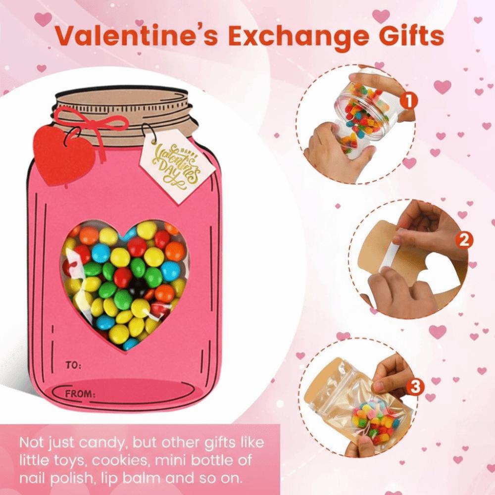 25/50Pcs Valentines Day Cards Clear Sealed Bags Heart Window Valentine Exchange Cards Kraft Paper Candy Packaging Bags