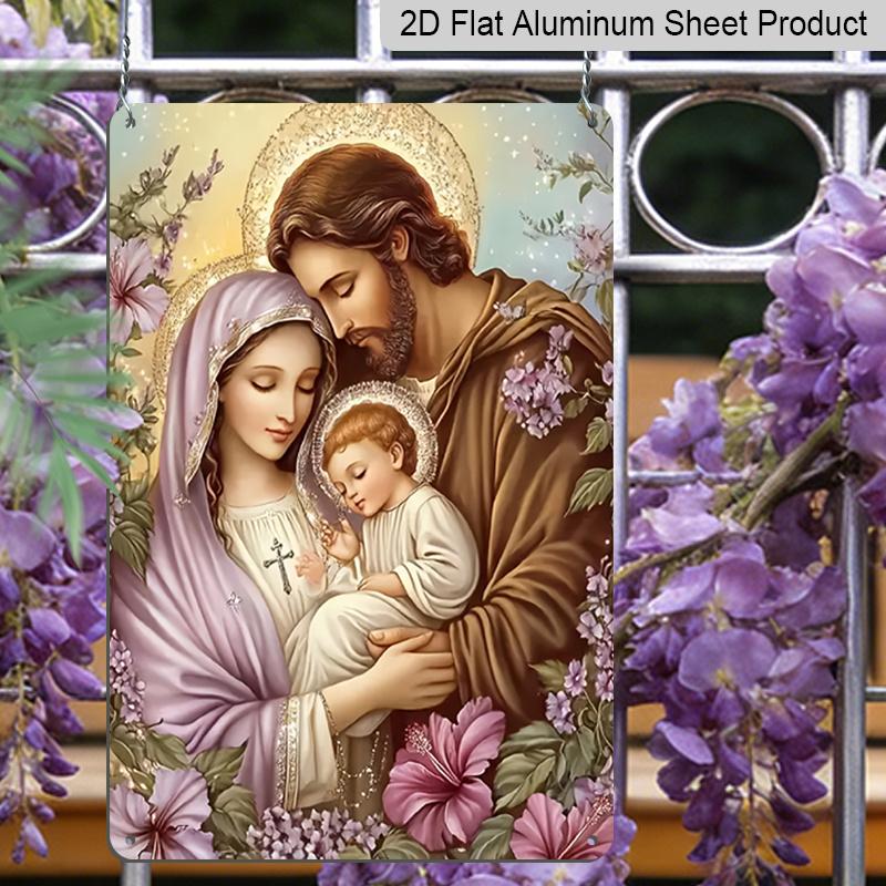 2D Flat Holy Family Virgin Mary Joseph Nativity Scene Floral Aluminum Metal Sign‑8.0x12.0inch Catholic Religious Wall Decor, Christian Chapel Home
