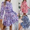 Women's Floral Dress Elegant Standing Neck Floral Waisted Long Sleeve Ruffle A-Line Skirt