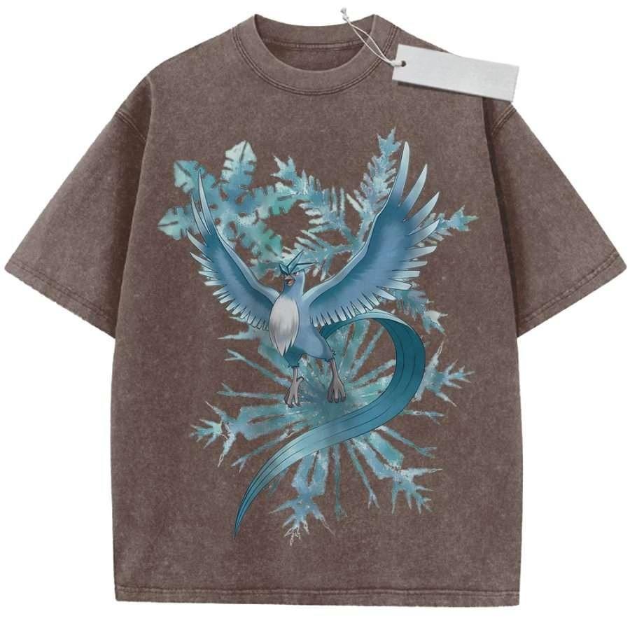Summer Mens Black Washed T Shirt Pokemon Articuno Snowflake Ice Blue High Quality Fabric for Casual Shopping