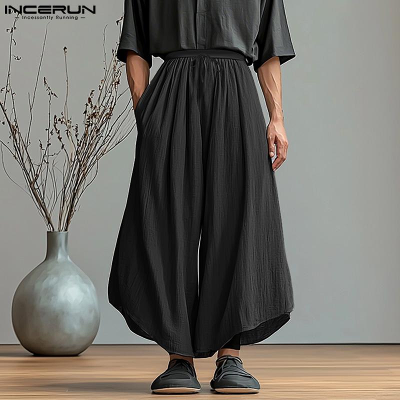 INCERUN Винтажные мужские эластичные брюки с завязками на талии, однотонные, с текстурой нерегулярного цвета, укороченные, свободные