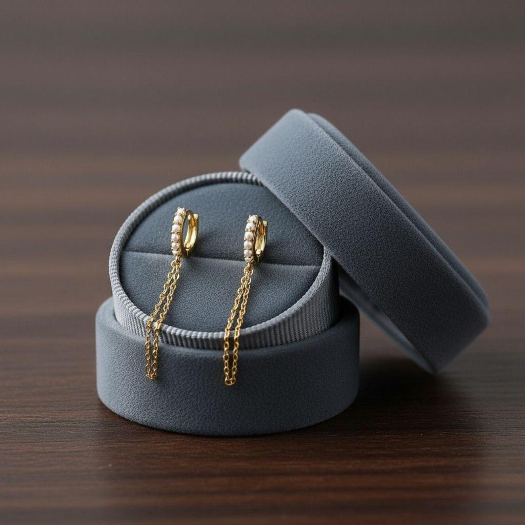 Серьги-кольца Хьюги с двойной подвесной жемчужной цепочкой - Желтое покрытие, стерлинговое серебро 925 пробы