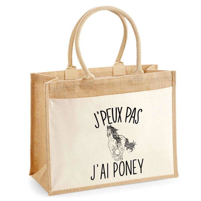 Sac de plage - PLANETEE - Jute poche Poney 'J'peux pas' - Coton imprimé France - 43x33 cm - Anse bandoulière
