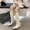 Fashion Botas Mujer Women Cowboy Boot Pointed Toe Women Shoe Embossing PuLeather Shoe Retro KneeHigh Boot Chunky Wedges Shoe Knight Boot