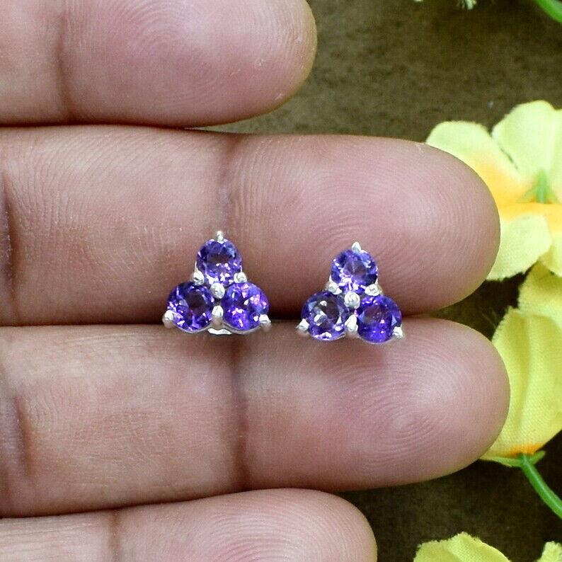 Natural Tanzanite Gemstone Stud Earrings, Round Prong Setting Gifted Earrings