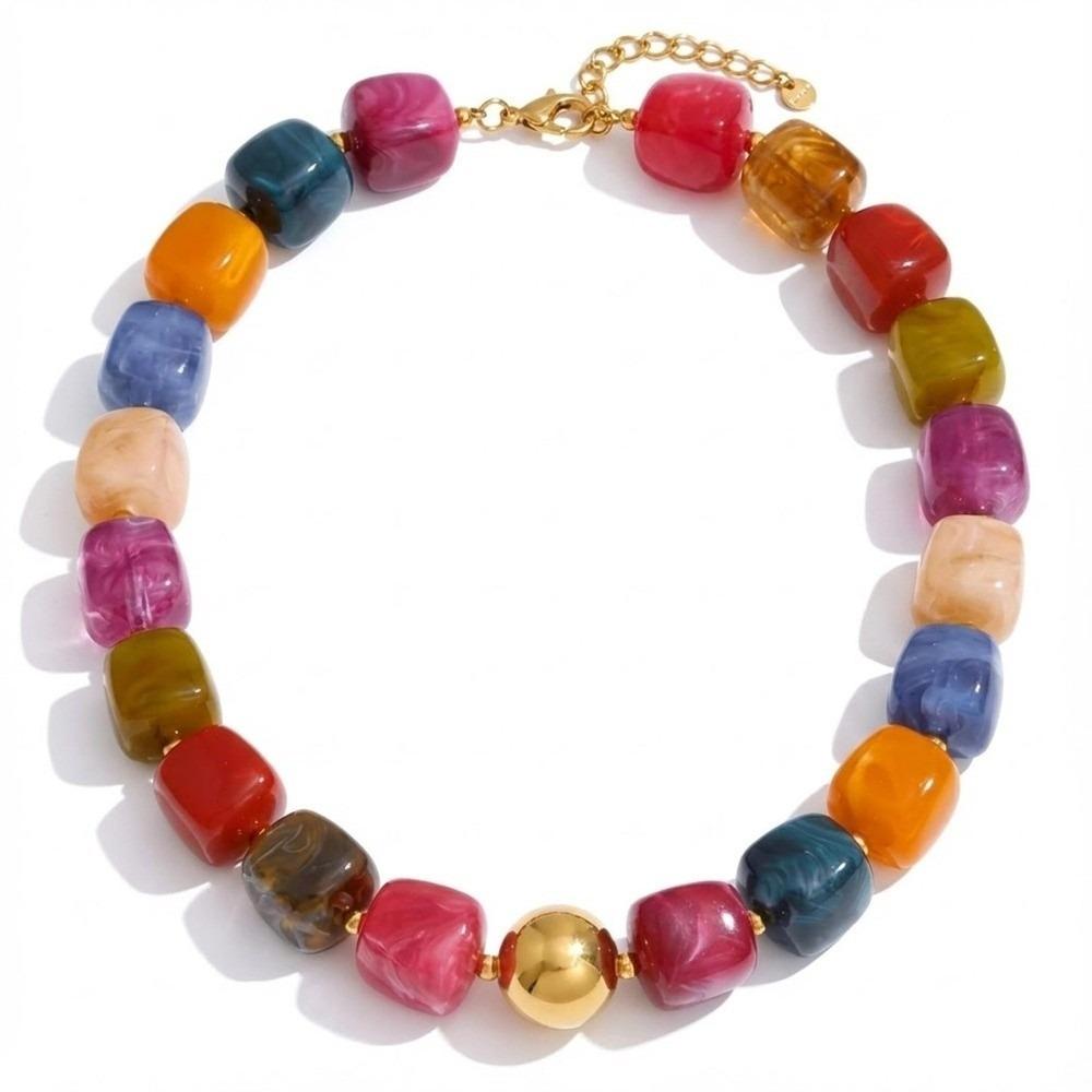 Square Bead Women Clavicle Chain Acrylic Sweater Chain Colorful Acrylic Necklace Ladies Gift