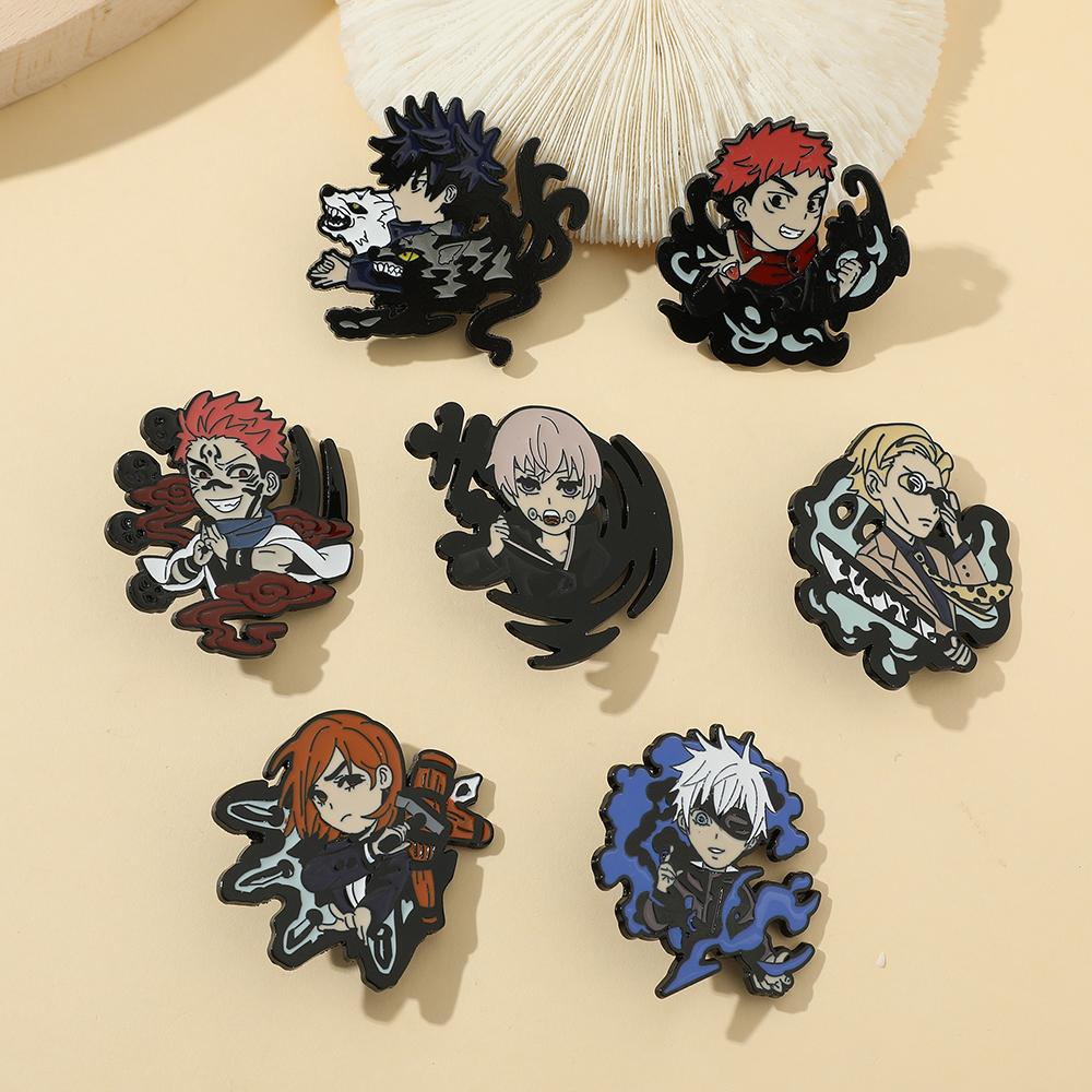 Anime Jujutsu Kaisen Enamel Badges with Chain Gojo Satoru Brooch Itadori Yuji Pins Geto Suguru Badge for Backpack Clothing Lapel