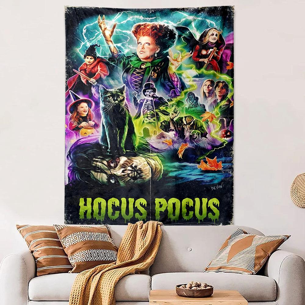 A magical collage with witches, glowing effects, a black cat, and "Hocus Pocus." Patterned tapestry for bedroom and living room home decor