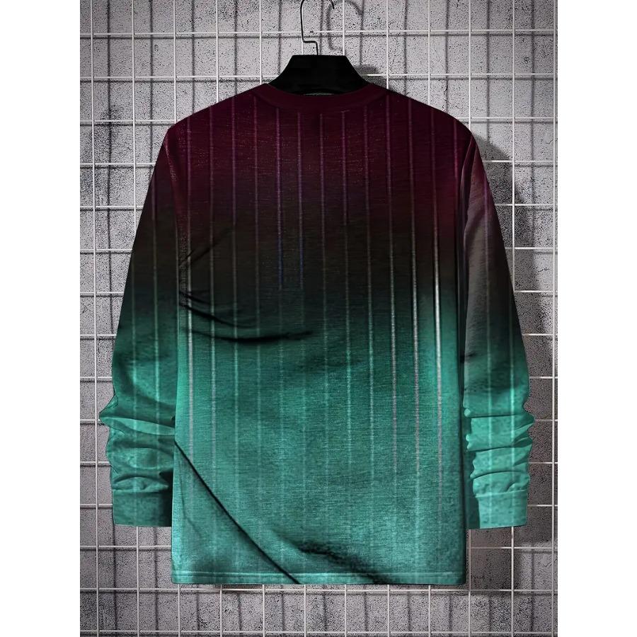 Gradient Color Stripe Long Sleeve Novelty Crew Neck T-Shirt Soft Slight Stretch Polyester Contrast Collar All Over Print Design