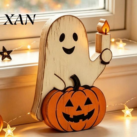 Vintage Wood Crafts for Autumn Halloween Wooden Tabletop Decor, Rustic Ghost Black Cat Pumpkin Owl Centerpieces, Retro Distressed Ornaments Farmhouse