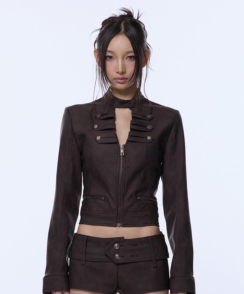 GILAARCHIVE Choker Napoleon Crop Leather Jacket_Brown