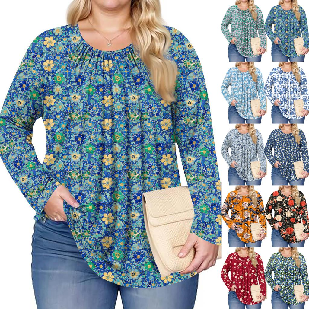 Women's Plus Size Fashion Printed Casual Pleated Round Neck Long Sleeve Top