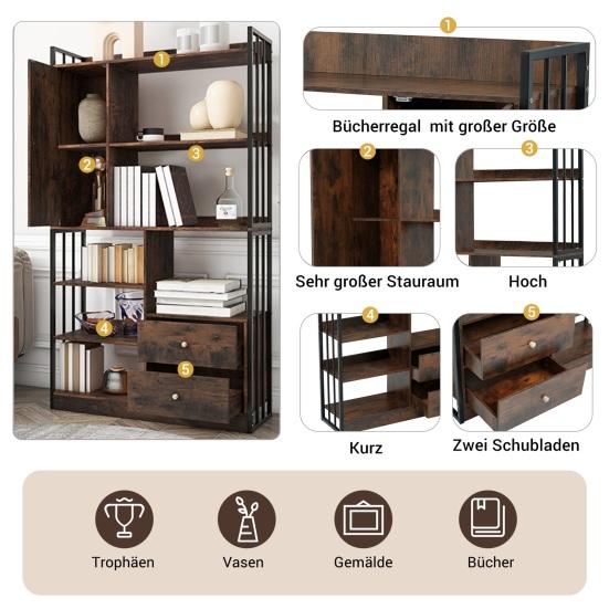 Bookcase, 6 Shelf Bookcase with Doors And Drawers Floor To Ceiling Bookcase, Industrial Bookcase, Steel Shelf,