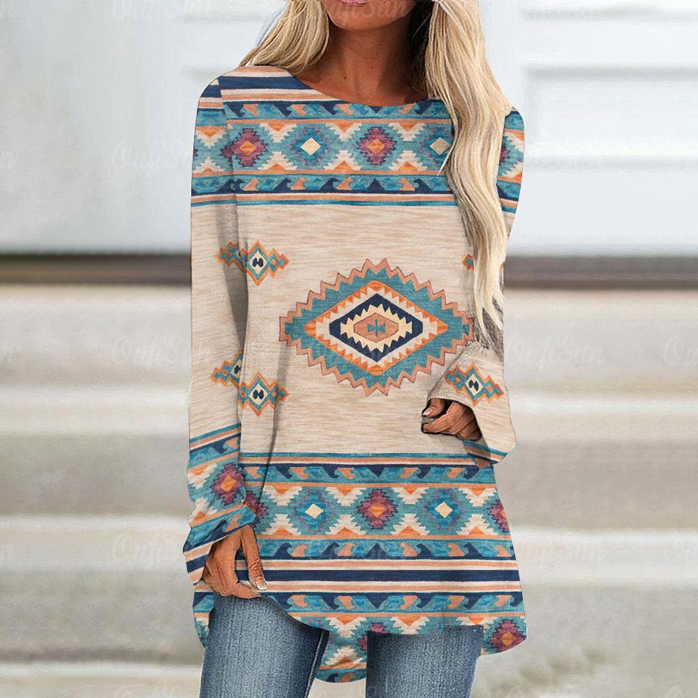 Ethnic 3D Print Long Sleeve T Shirt Women's Fashion Abstract Geometric Design Top Tees Autumn New Vintage Round Neck T Shirts