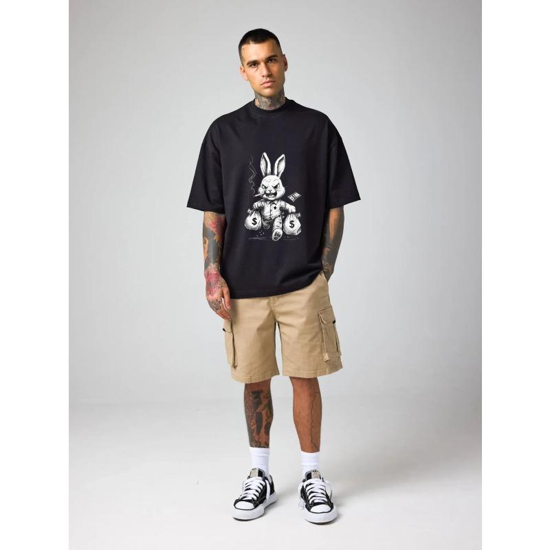 Men's Oversized T-Shirt Black Rabbit Money Bag Graphic Print Streetwear Casual Fashion Top for Daily Wear and Urban Style
