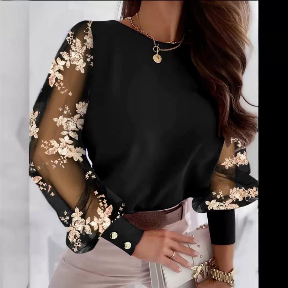 Осенняя блузка с круглым вырезом и рукавами-лепестками - Женский модный топ с длинным рукавом