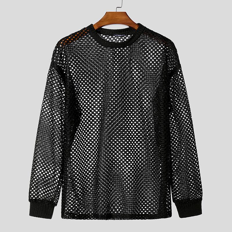 INCERUN Мужские однотонные сетчатые футболки с длинным рукавом и открытыми топами