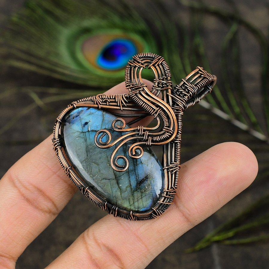 Natural Labradorite Gemstone Handmade Copper Wire Wrap Pendant 2.25" A6f14
