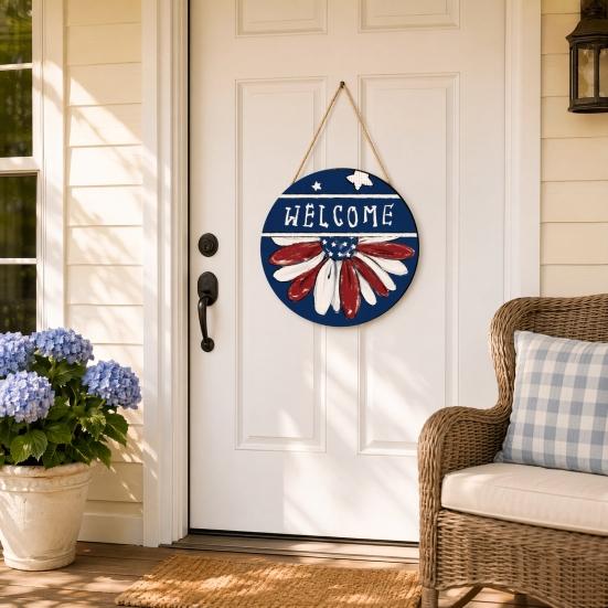 Spring Flower Wreath Welcome Sign, Independence Day Patriotic Hanging Plaque, Round Wooden Door Hanger Decoration for Indoor Outdoor