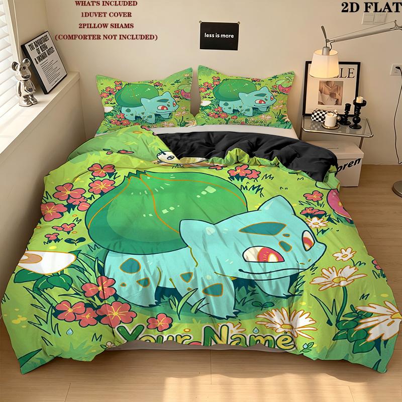 Custom Name,Bulbasaur Pattern Bedding Home Decoration Birthday Gift ( 1 duvet cover + 2 pillowcase, without core),fan merchandise.