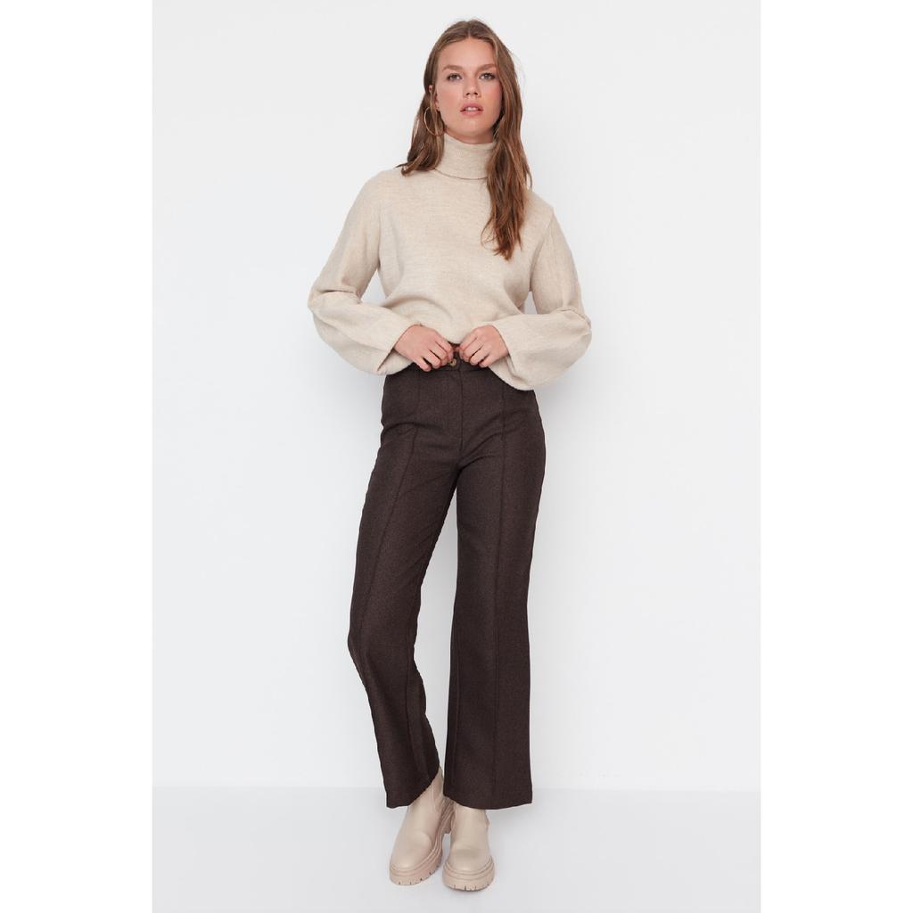 Brown High Waist Rib Detailed Wide Leg Woven Trousers Tctaw23tp00006