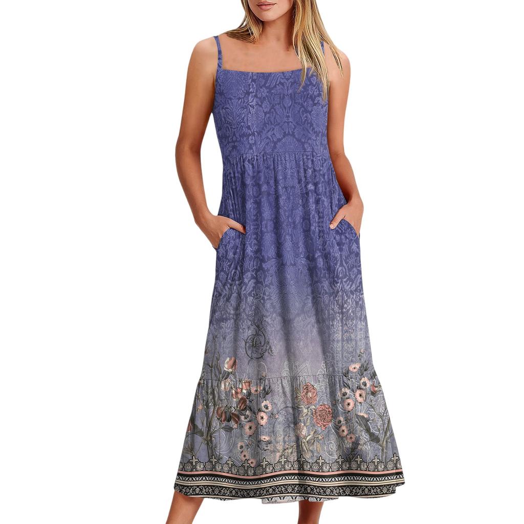 Женское длинное пляжное повседневное элегантное платье макси на тонких бретельках с цветочным принтом, струящееся платье в стиле бохо