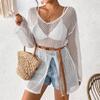 Women's Knitted Sweaters See Through Casual Loose Long Sleeve Tops Summer Lady Sexy Hollow Out Mesh Pullover Beach Smock T-shirt