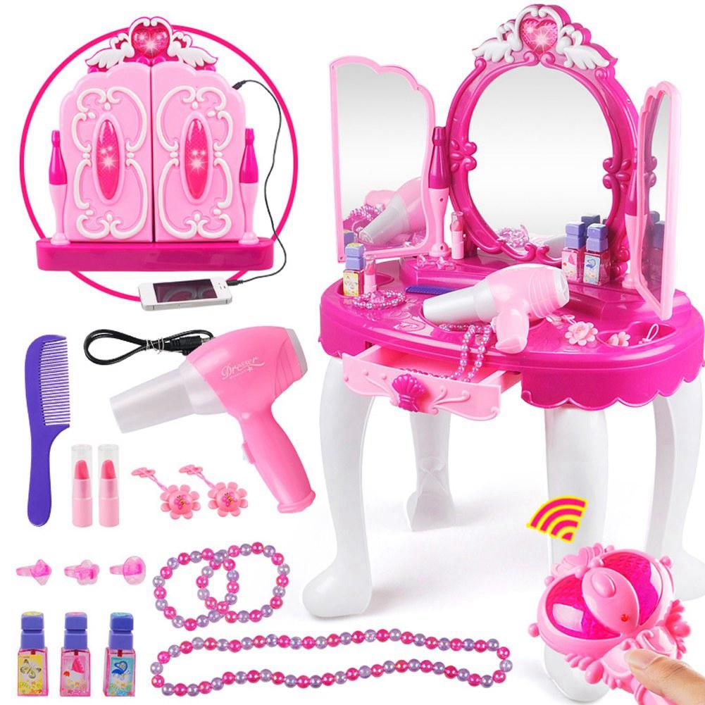 Glamorous Princess Dressing Table with Stool, Hair Dryer, Pink Make Up Table Toy