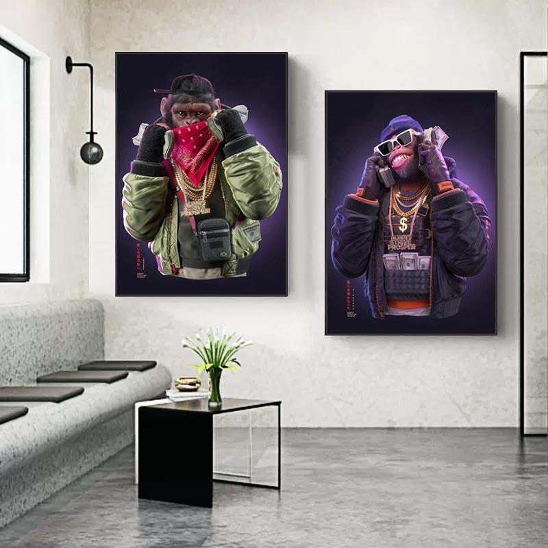 Хип-хоп Три обезьяны печать плакатов деньги холст картина современное настенное искусство животное висит картина украшение дома