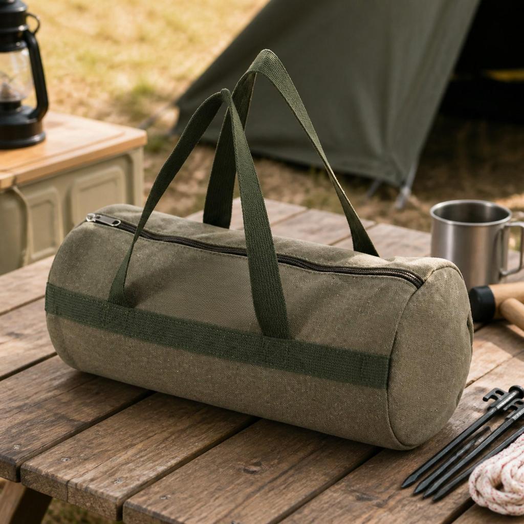 Cylindrical Canvas Tool Bag Zippered Camping Gear Pouch Lightweight