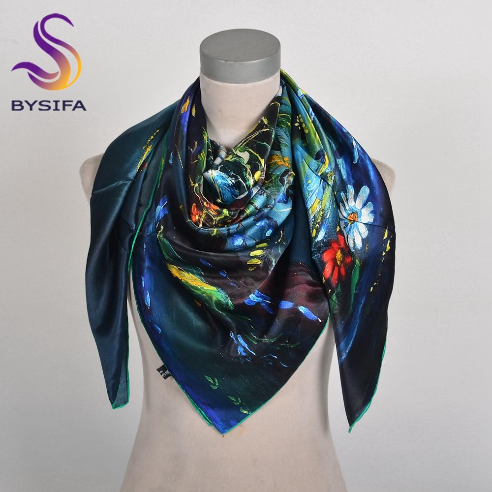 BYSIFA|Новый сине-зеленый 100% шелковый платок шаль женская мода цветочный дизайн шарфы хиджабы брендовые аксессуары шарф обертывание накидка 110*110