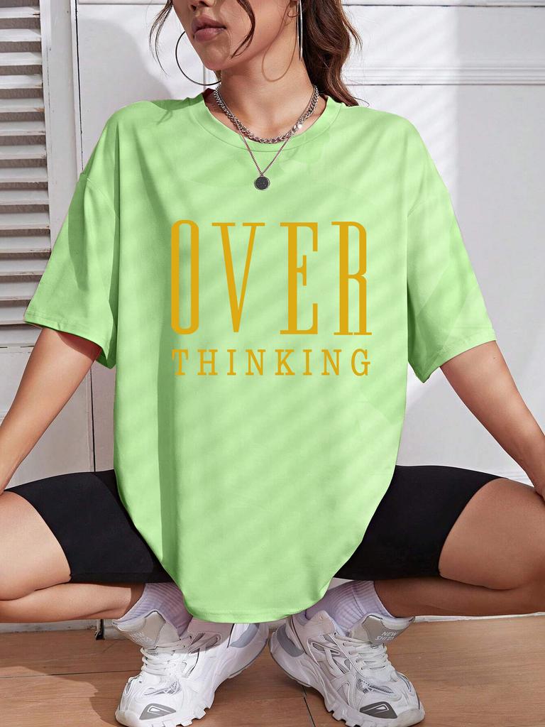Over Thinking Letter Print Women Cotton Short Sleeve Breathable Vintage ONeck Tops Allmath Casual TShirts Female Tee Clothing