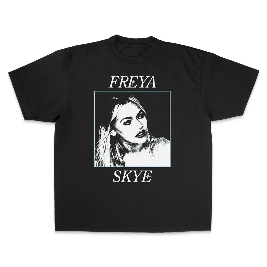 Freya Skye Brand Name Split TShirt Vintage Black White Portrait with Light Blue Deepening Black Base Womens Tshirt