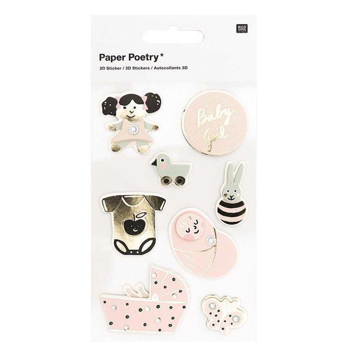 Autocollants 3D - Rico Design - Bébé Fille - 5x4 cm - Paillettes - Effets métallisés