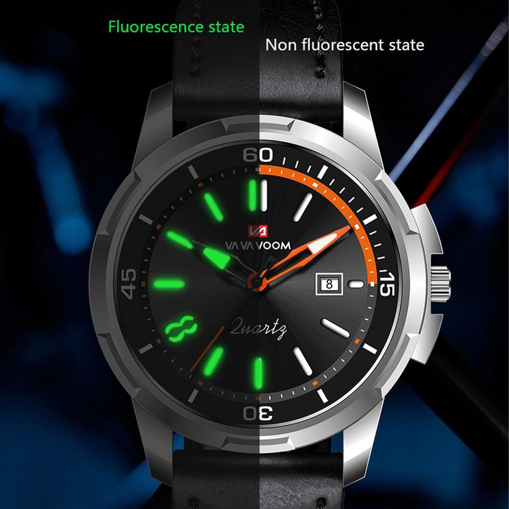 VA VA VOOM Мужские кварцевые часы Business Simple Calendar 30m Водонепроницаемые светящиеся кварцевые часы с кожаным ремешком, модные наручные часы