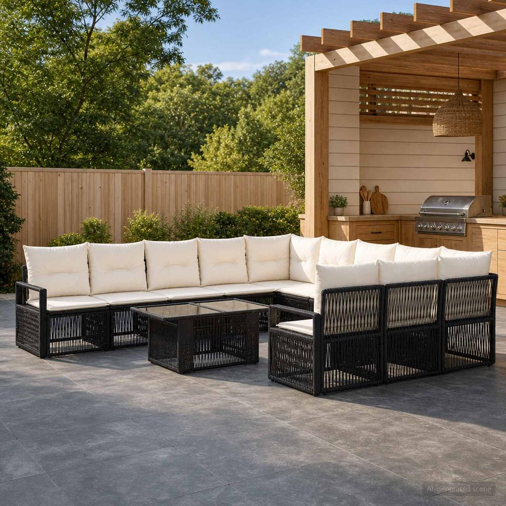 Garden Sofa Set 12 Pieces Black and Cream White Poly Rattan