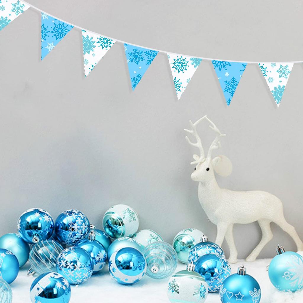 PinkBlume Winter Blue and White Snowflake Triangle Flag Fabric Garland Banner Party Decoration, Approximately 10m Long, Light Blue and White