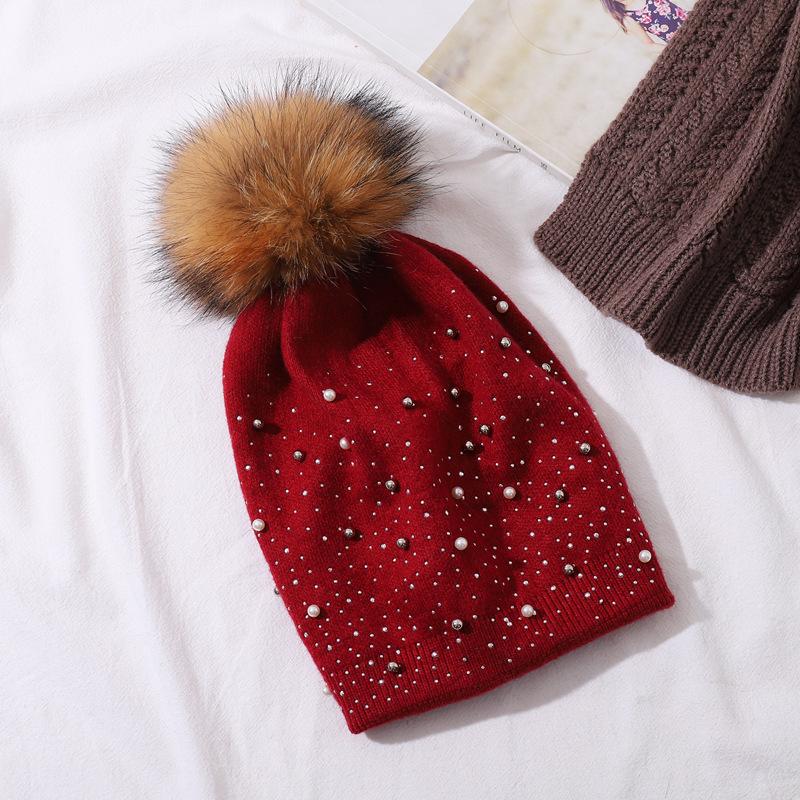 Женский зимний теплый вязаный пуловер с жемчужным шариком енота, однотонная шляпа