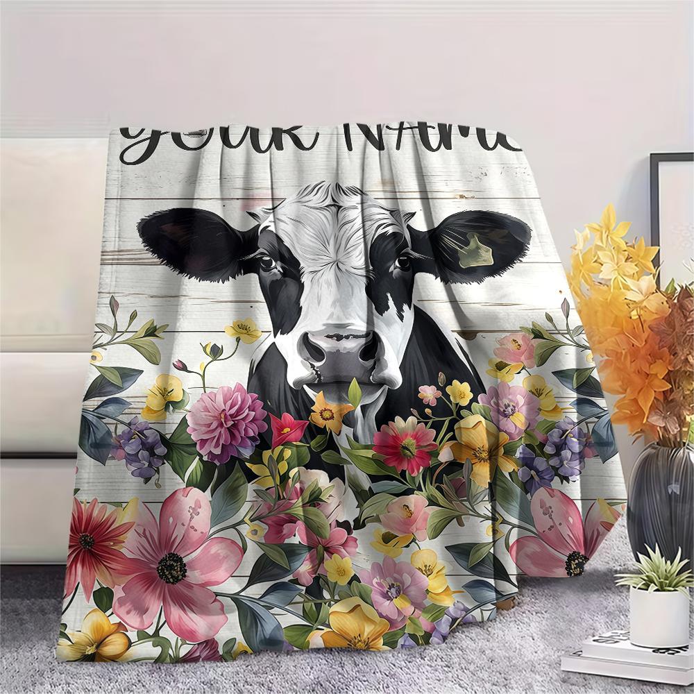 1PC Custom Name Cow Flowers Art Patterned Flannel Blanket Suitable For All Seasons for Home Decor Warmth and Comfort Gifts Holiday Present_lx