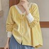 Ранняя осень Новый топ Французская красивая темпераментная рубашка Повседневная желтая рубашка с V-образным вырезом из бархата Женская