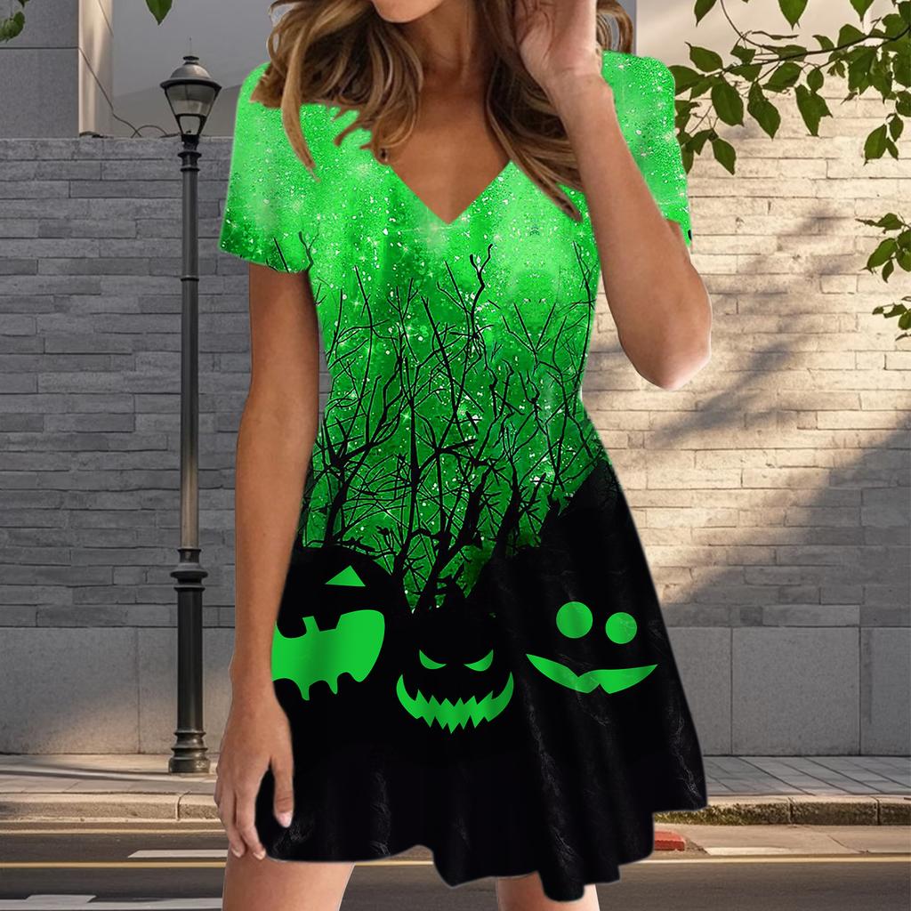 Летняя мода женские V-образный вырез короткий рукав Хэллоуин принтованное платье сексуальные короткие юбки платья